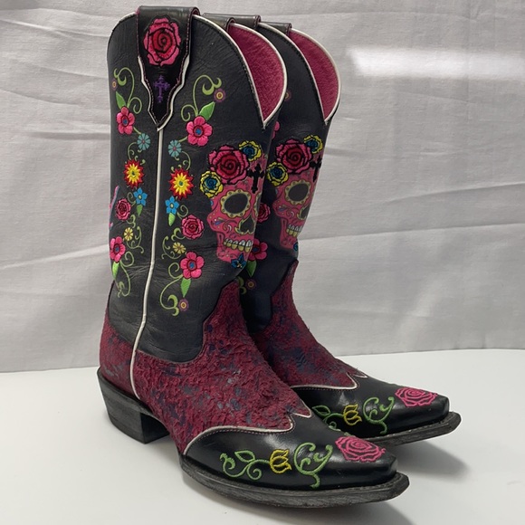 ARIAT Live Out Loud Pink Sugar Skull Gypsy Rose embroidered Cowboy Boots 7 7.5 - Picture 12 of 12